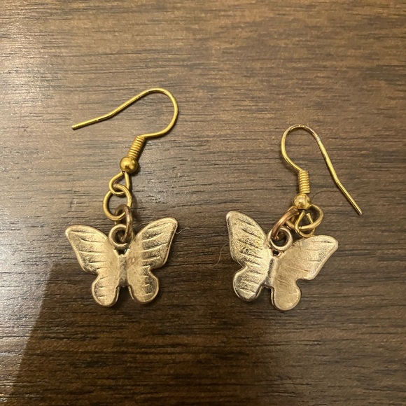 Gold Butterfly Dangle Drop Earrings - Picture 2 of 3